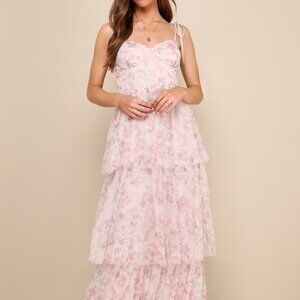 Lulus Blissfully Gorgeous Blush Floral Tie-strap Bustier Maxi Dress Pink